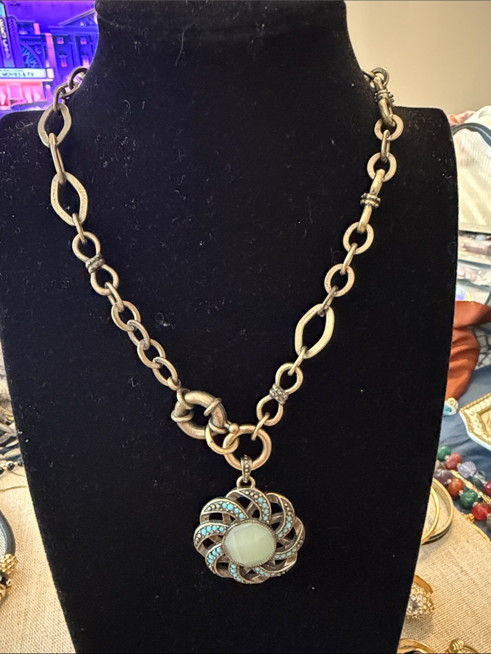 Lia Sophia Gold-Tone Chain Necklace with Turquoise & Cream Pendant